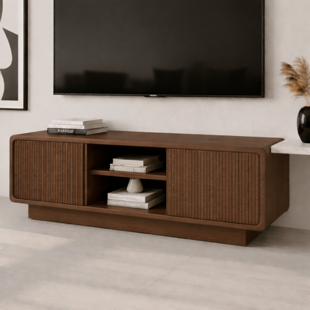 Solid Wood TV Stand with Rattan Detailing – Stylish Storage for Living Room