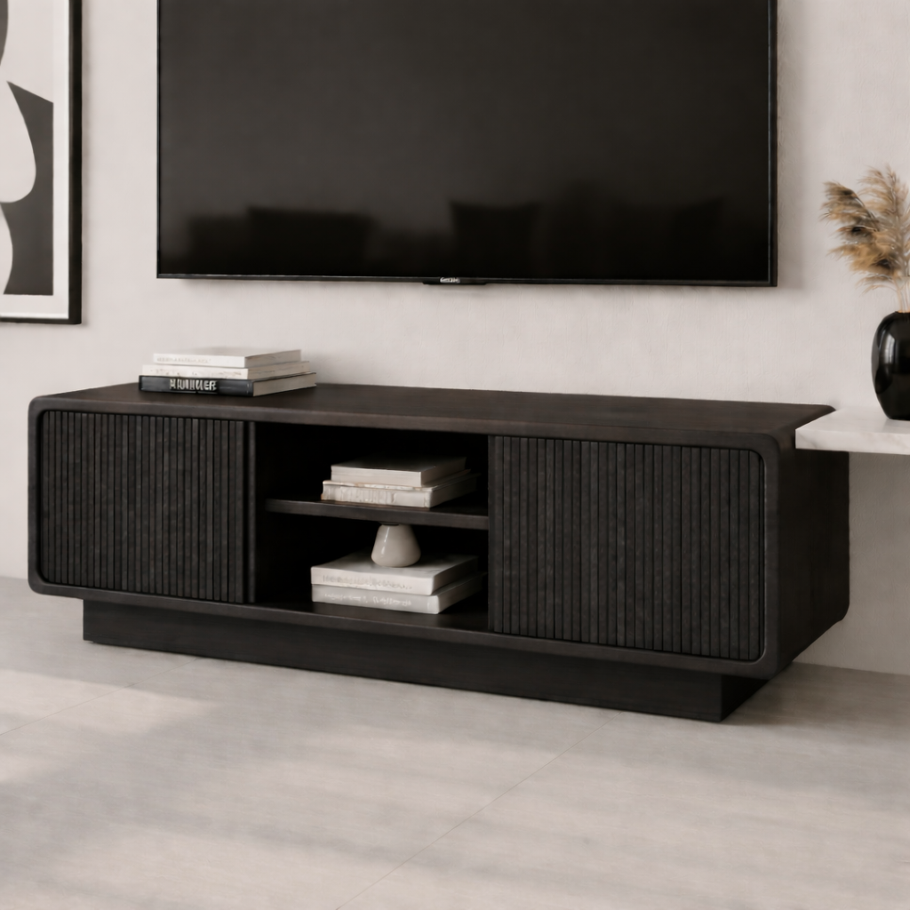 Solid Wood TV Stand with Rattan Detailing – Stylish Storage for Living Room