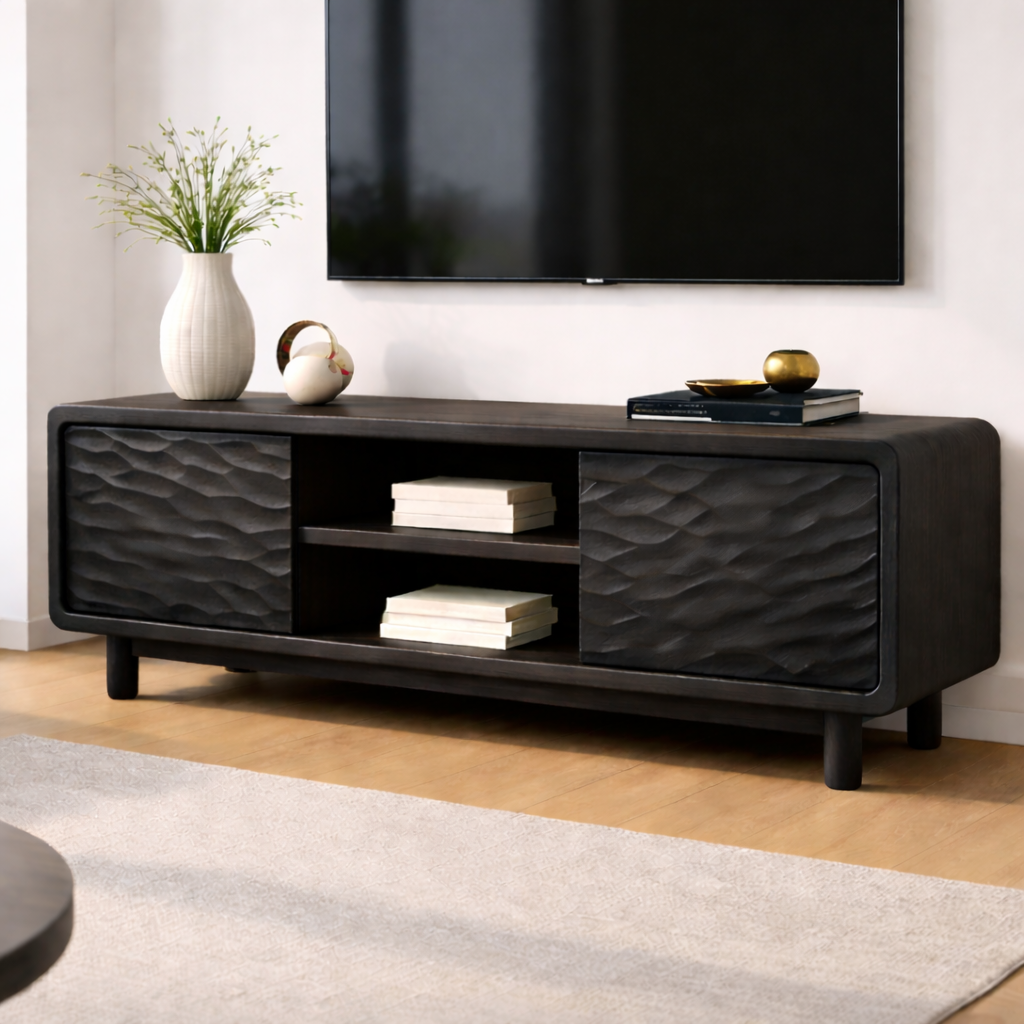 Solid Wood TV Stand with Wave-Pattern Doors & Open Shelving - Modern Living Room Design