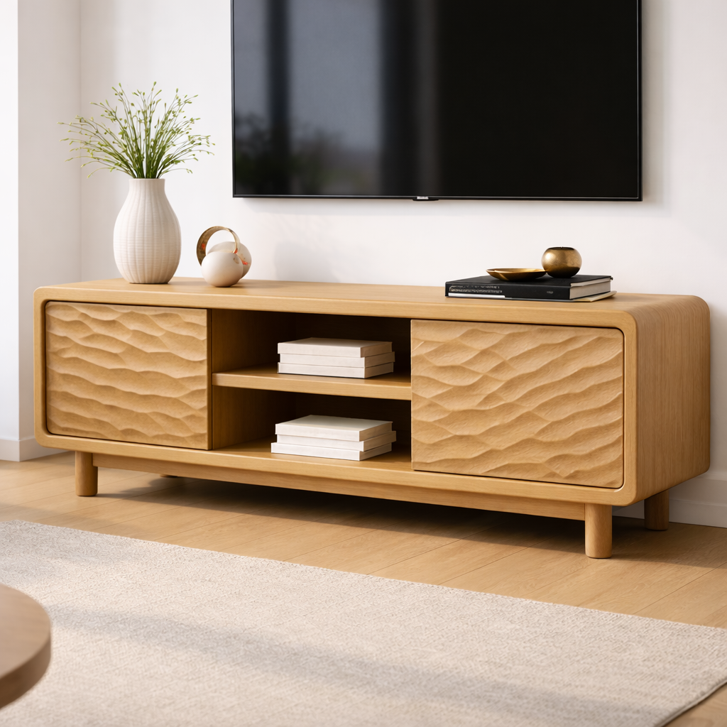 Solid Wood TV Stand with Wave-Pattern Doors & Open Shelving - Modern Living Room Design