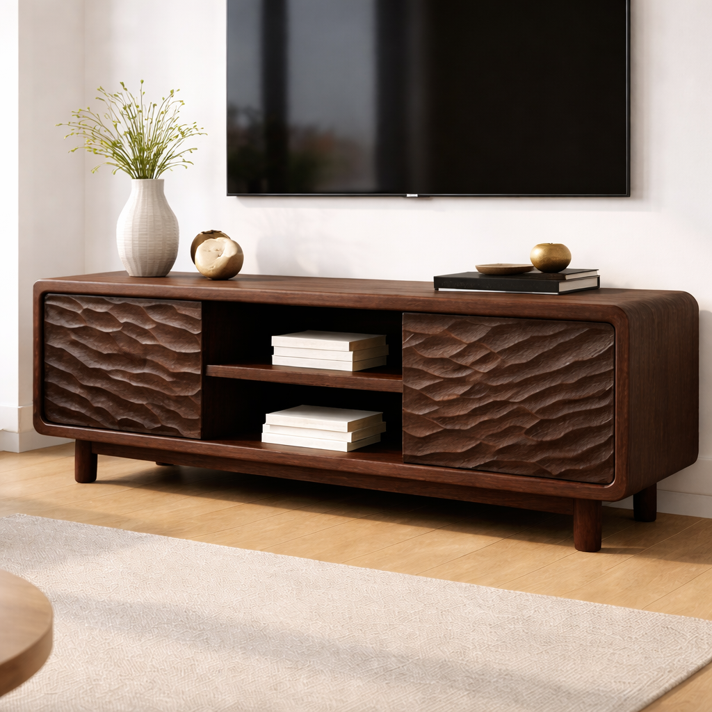 Solid Wood TV Stand with Wave-Pattern Doors & Open Shelving - Modern Living Room Design