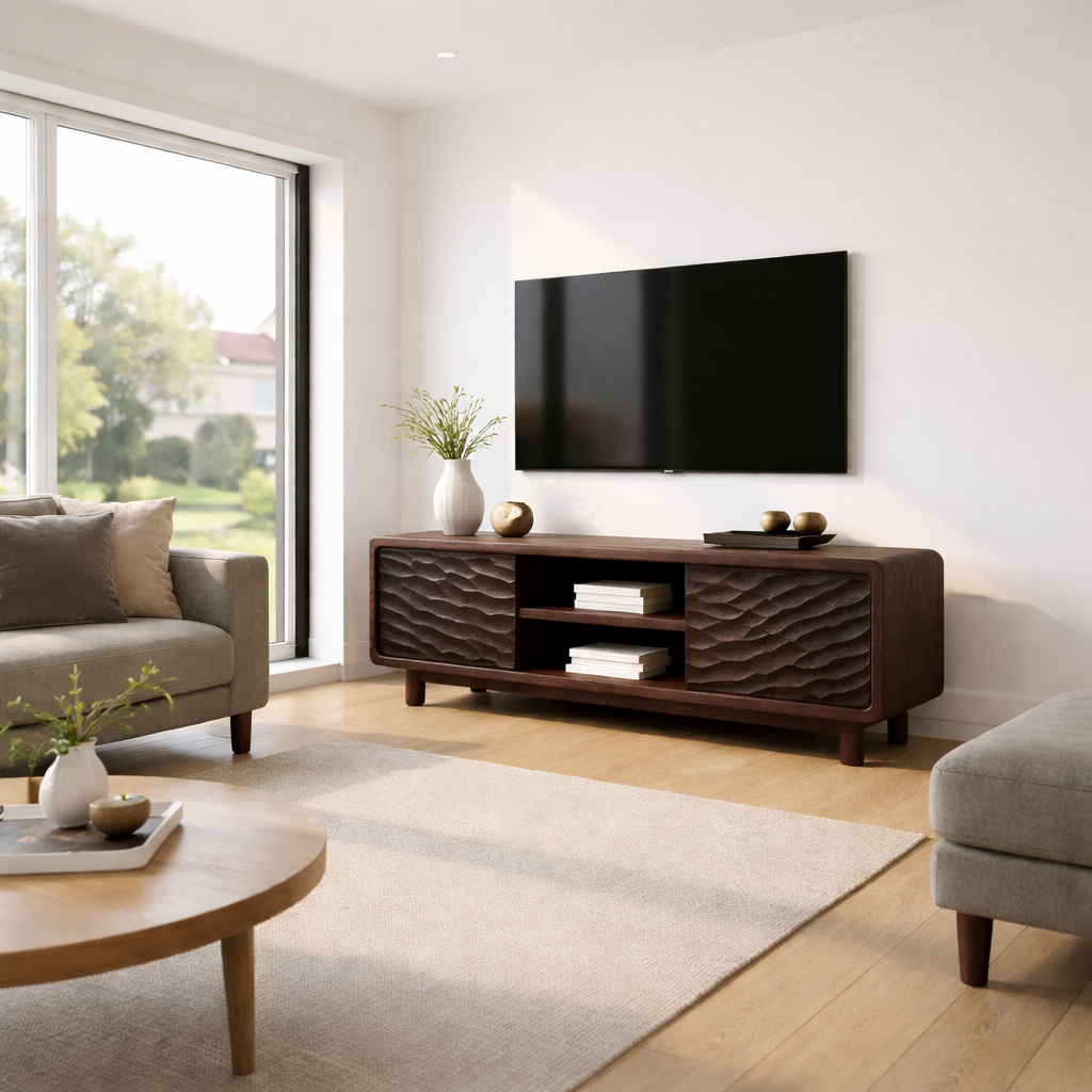 Solid Wood TV Stand with Wave-Pattern Doors & Open Shelving - Modern Living Room Design