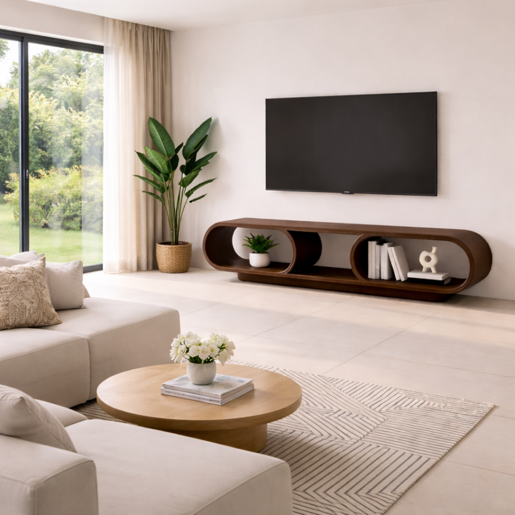 Contemporary Solid Wood TV Stand with Oval Open Storage and Stylish Design