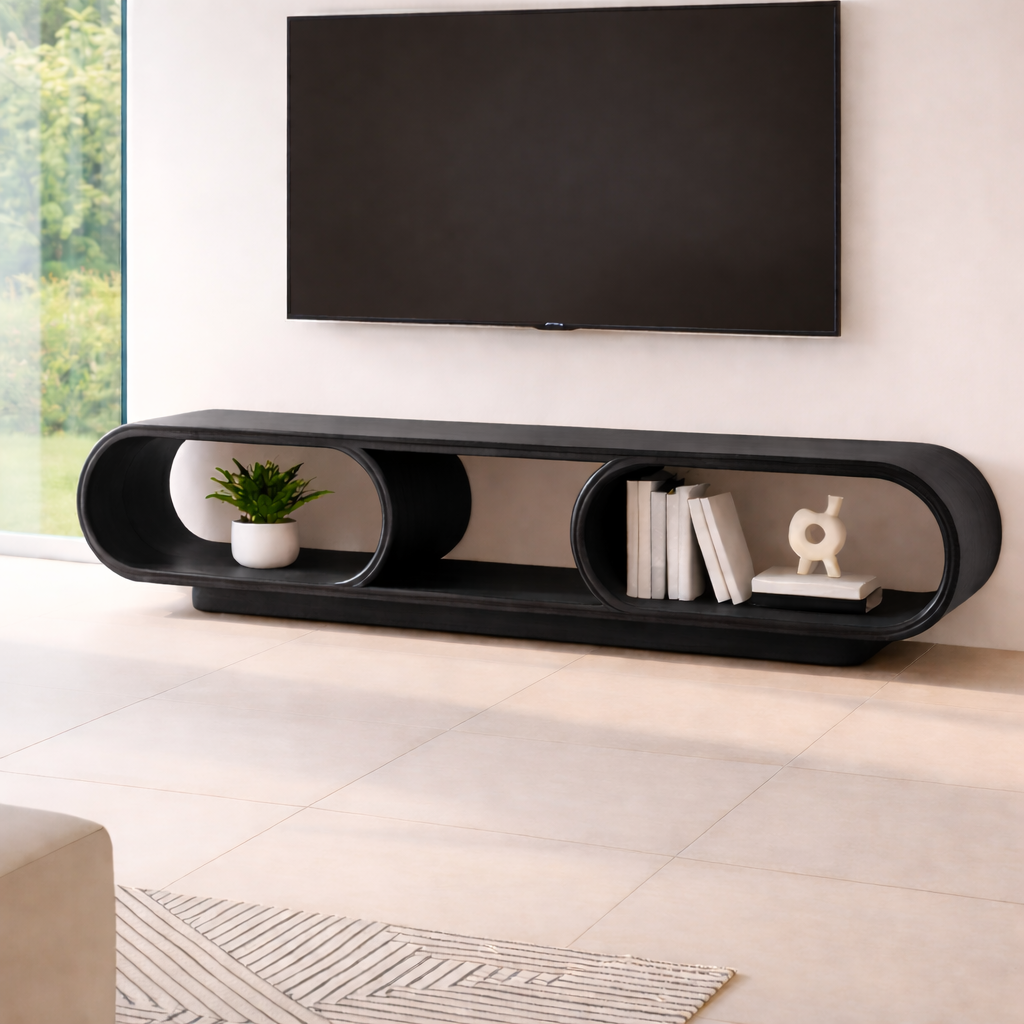 Contemporary Solid Wood TV Stand with Oval Open Storage and Stylish Design