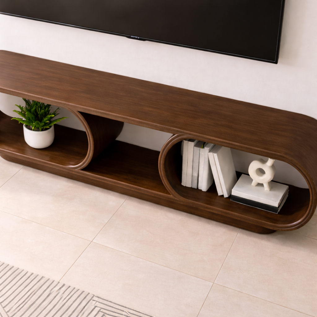 Contemporary Solid Wood TV Stand with Oval Open Storage and Stylish Design