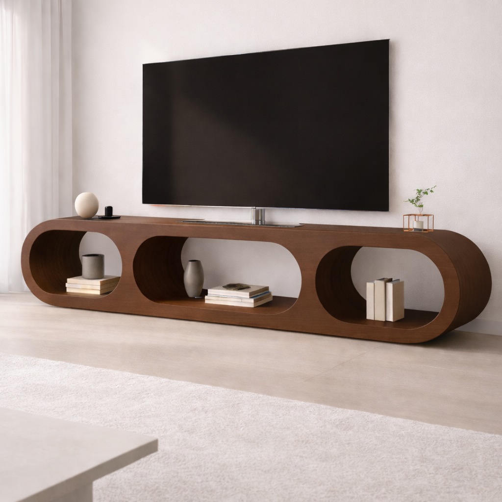 Modern Solid Wood TV Stand with Oval Open Storage and Sleek Design