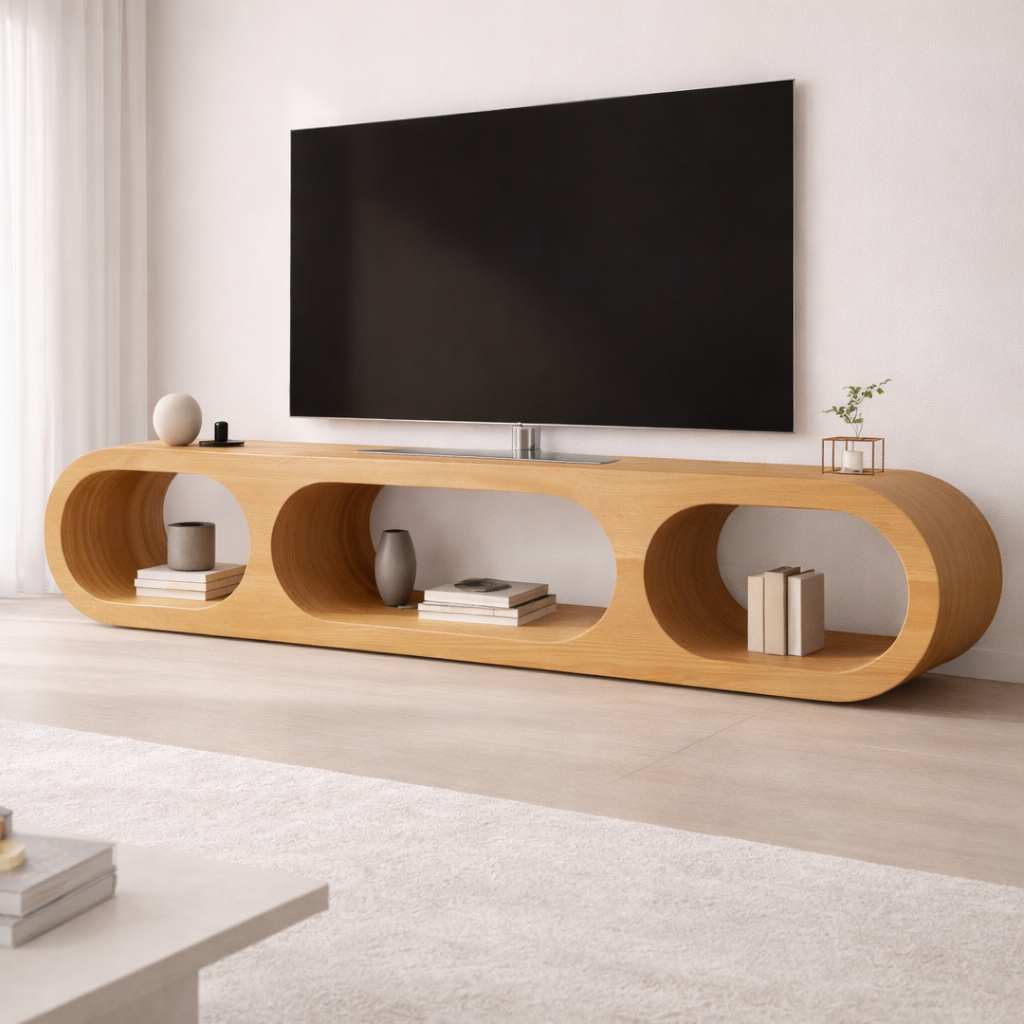 Modern Solid Wood TV Stand with Oval Open Storage and Sleek Design