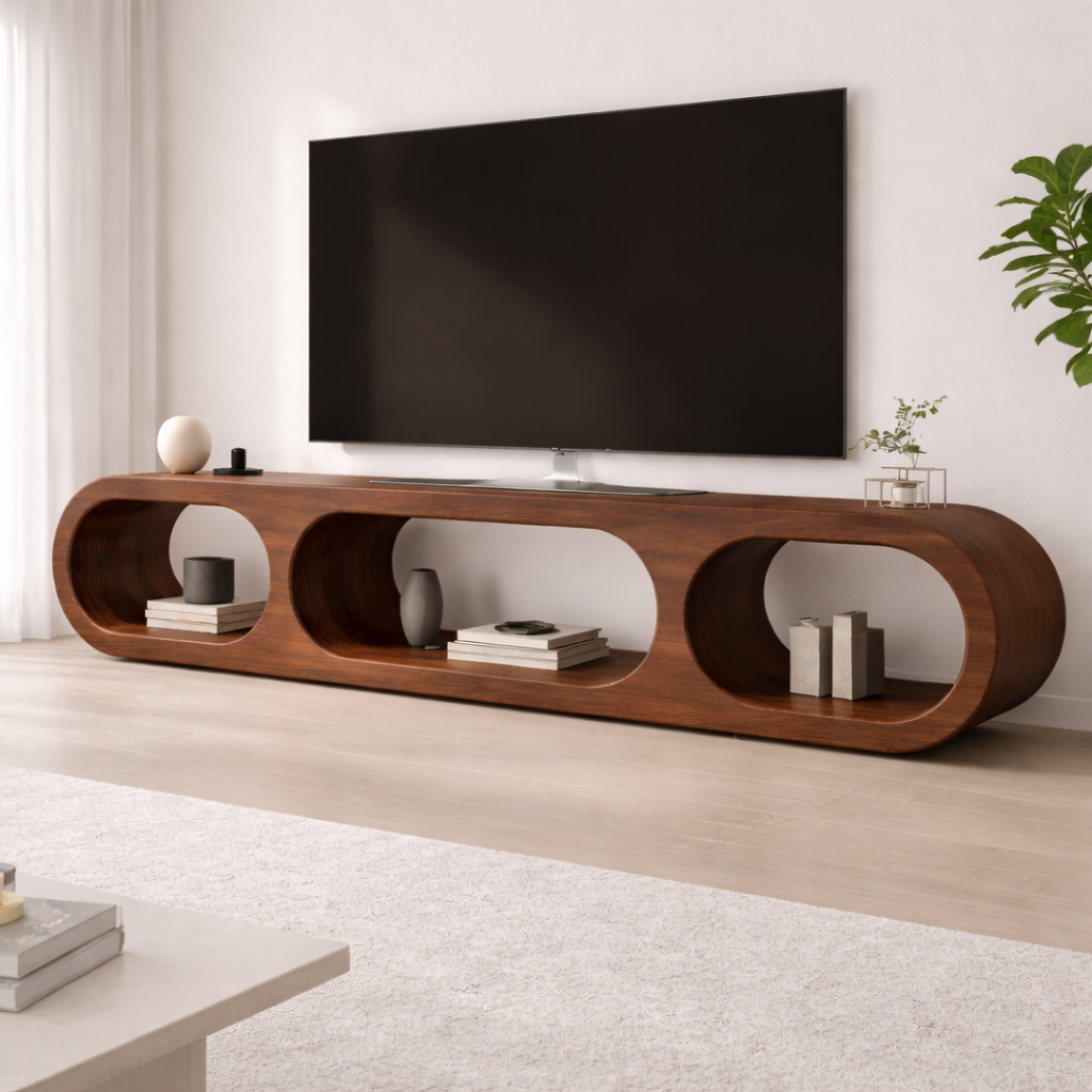 Modern Solid Wood TV Stand with Oval Open Storage and Sleek Design