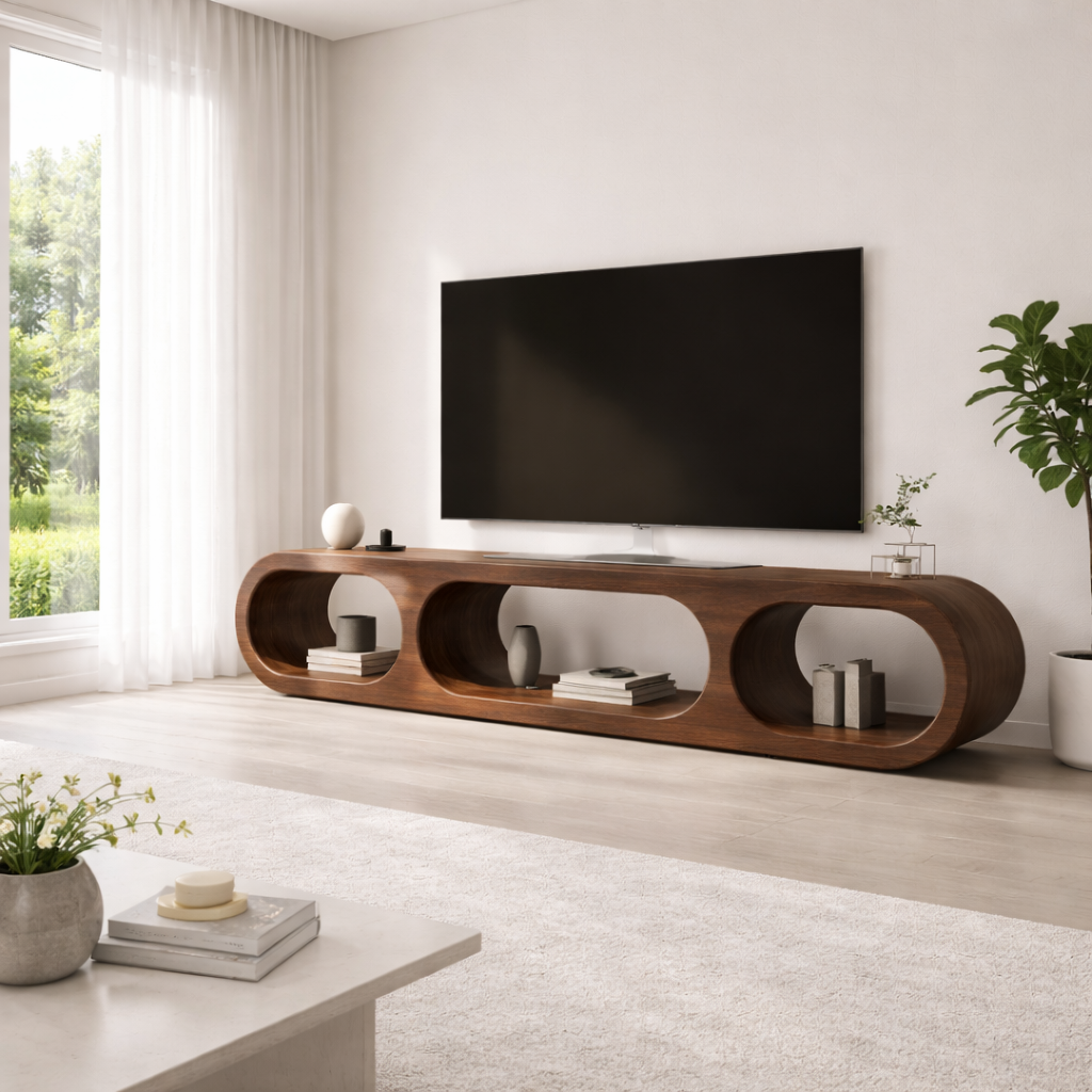 Modern Solid Wood TV Stand with Oval Open Storage and Sleek Design