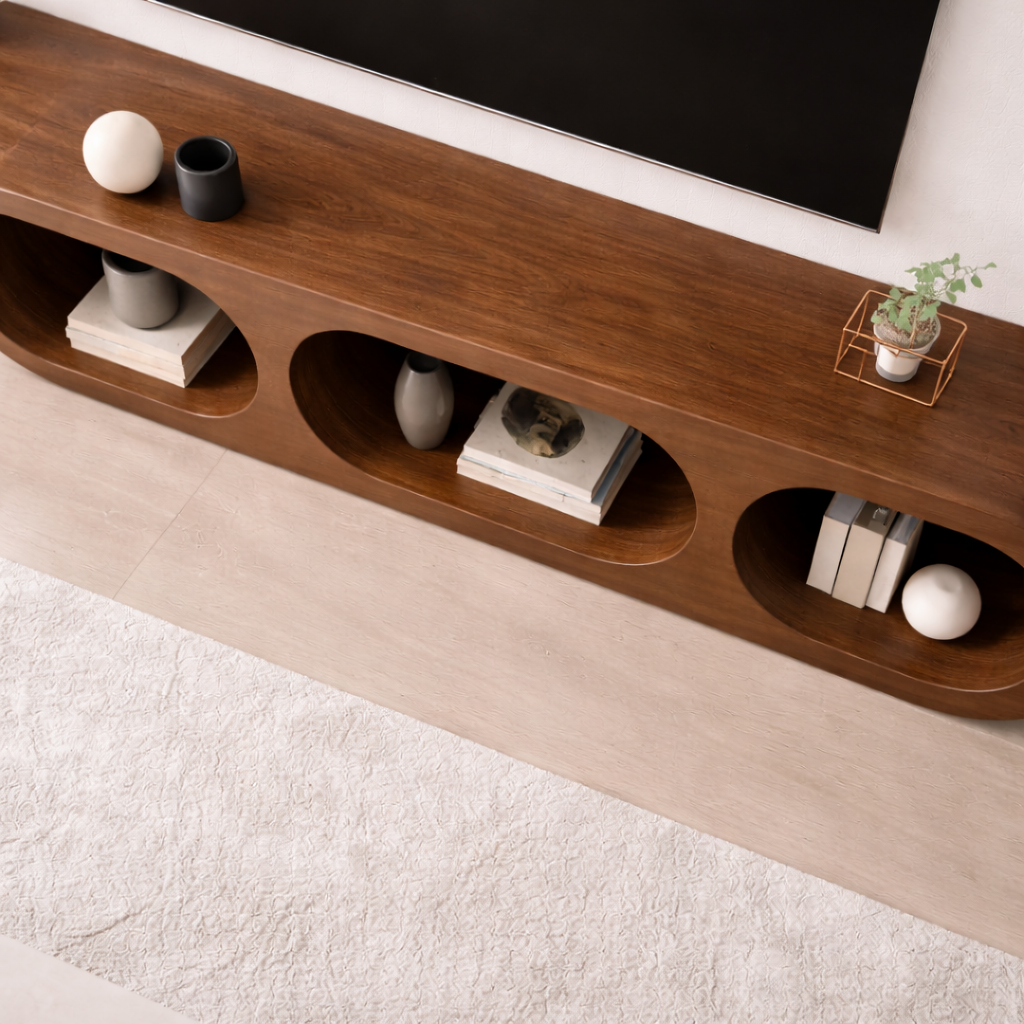 Modern Solid Wood TV Stand with Oval Open Storage and Sleek Design