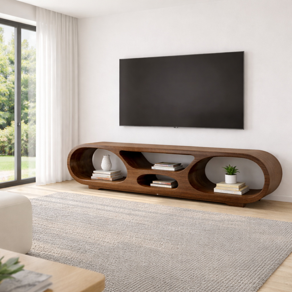 Solid Wood TV Stand with Open Storage and Modern Curved Design