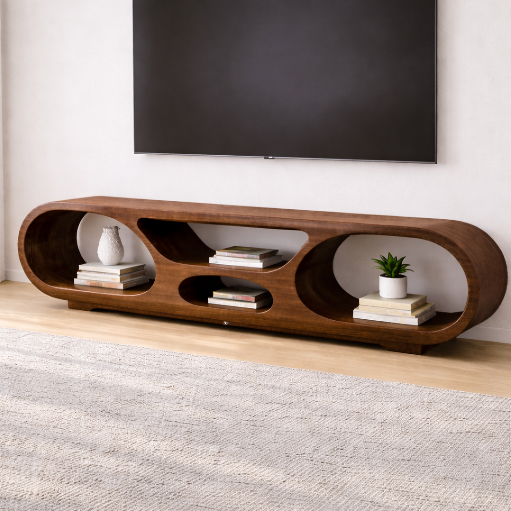 Solid Wood TV Stand with Open Storage and Modern Curved Design
