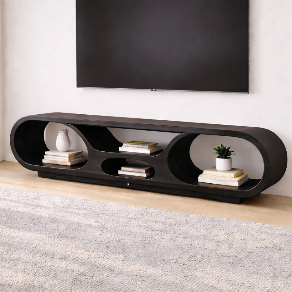 Solid Wood TV Stand with Open Storage and Modern Curved Design