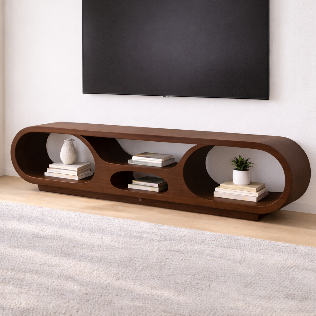 Solid Wood TV Stand with Open Storage and Modern Curved Design