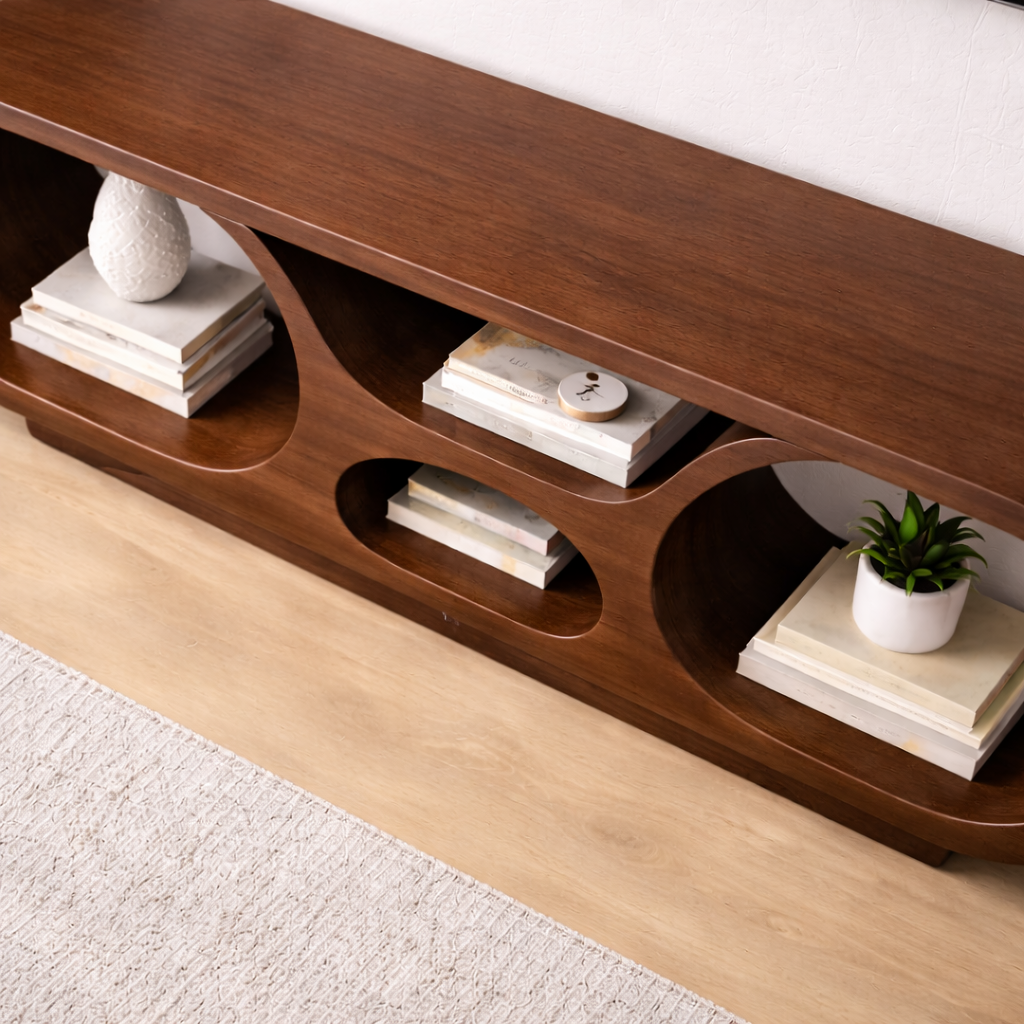 Solid Wood TV Stand with Open Storage and Modern Curved Design