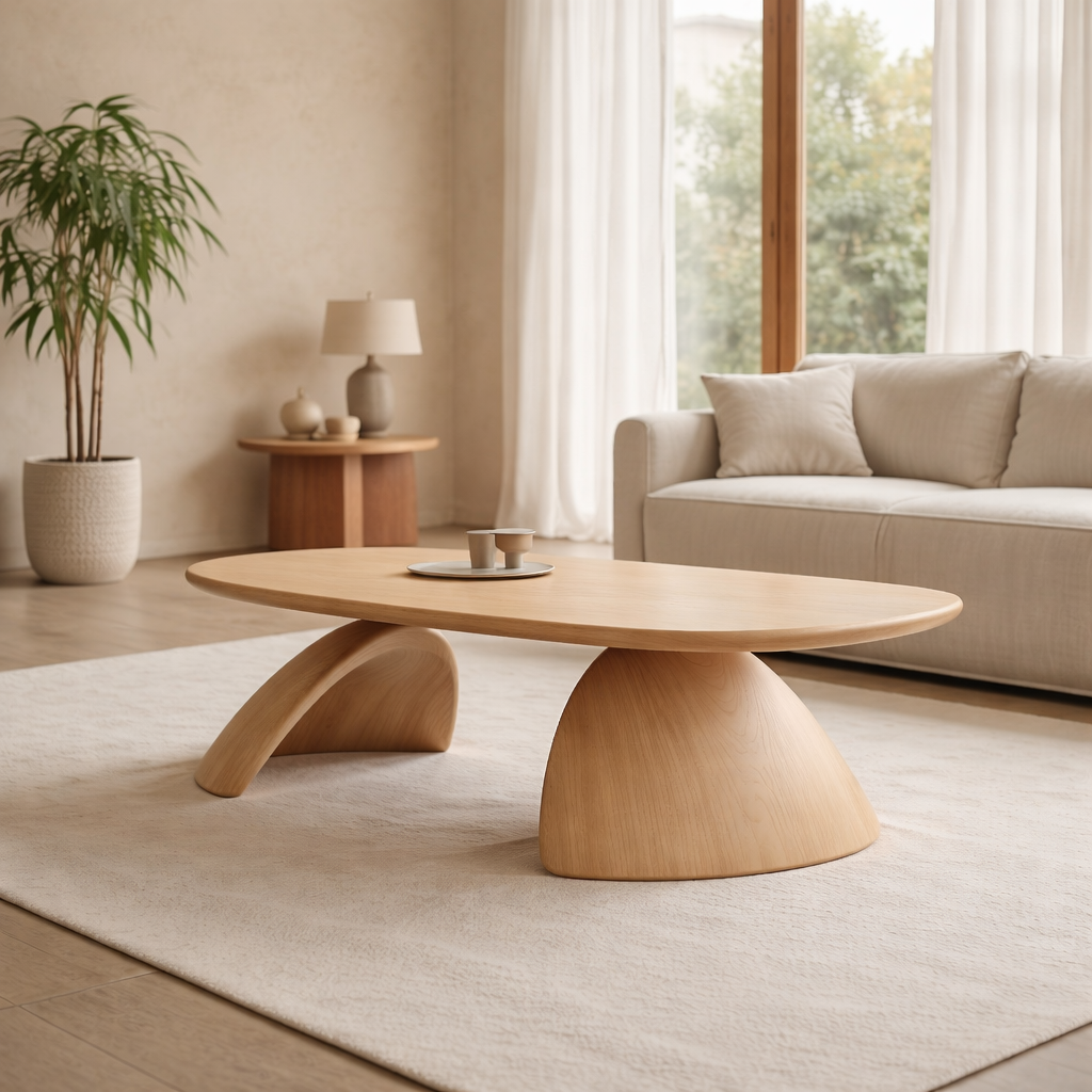 Solid Wood Oval Coffee Table – Sculptural Modern Living Room Center Table