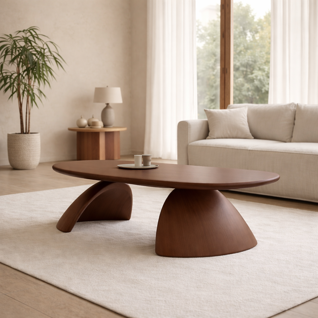 Solid Wood Oval Coffee Table – Sculptural Modern Living Room Center Table