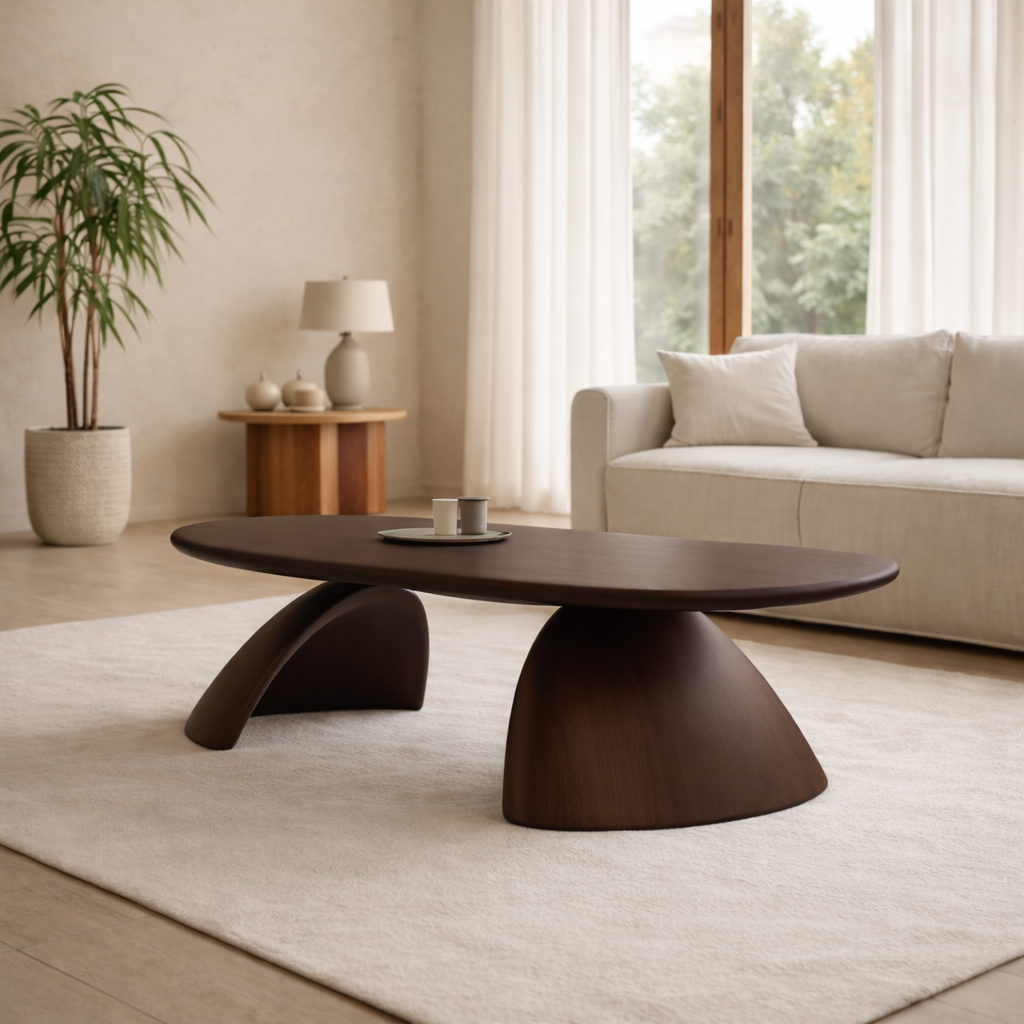 Solid Wood Oval Coffee Table – Sculptural Modern Living Room Center Table