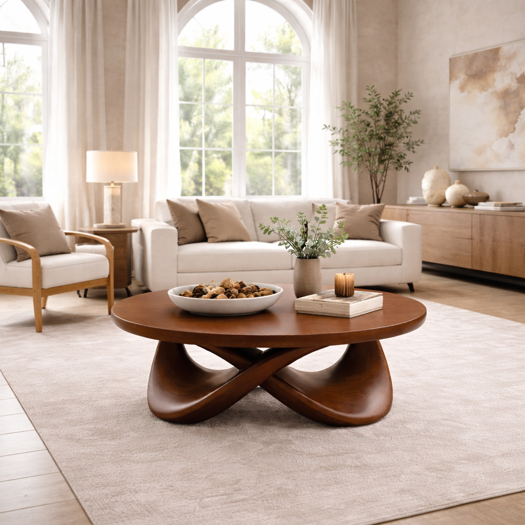 Round Solid Wood Coffee Table with Sculptural Base – Modern Designer Living Room Table