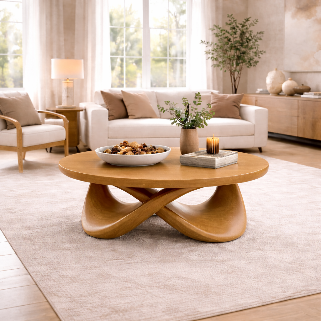 Round Solid Wood Coffee Table with Sculptural Base – Modern Designer Living Room Table
