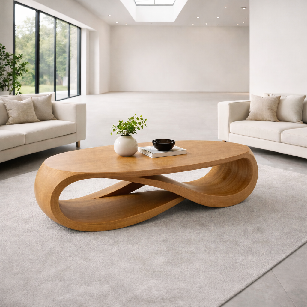 Solid Wood Oval Coffee Table with Sculptural Base – Modern Designer Living Room Table