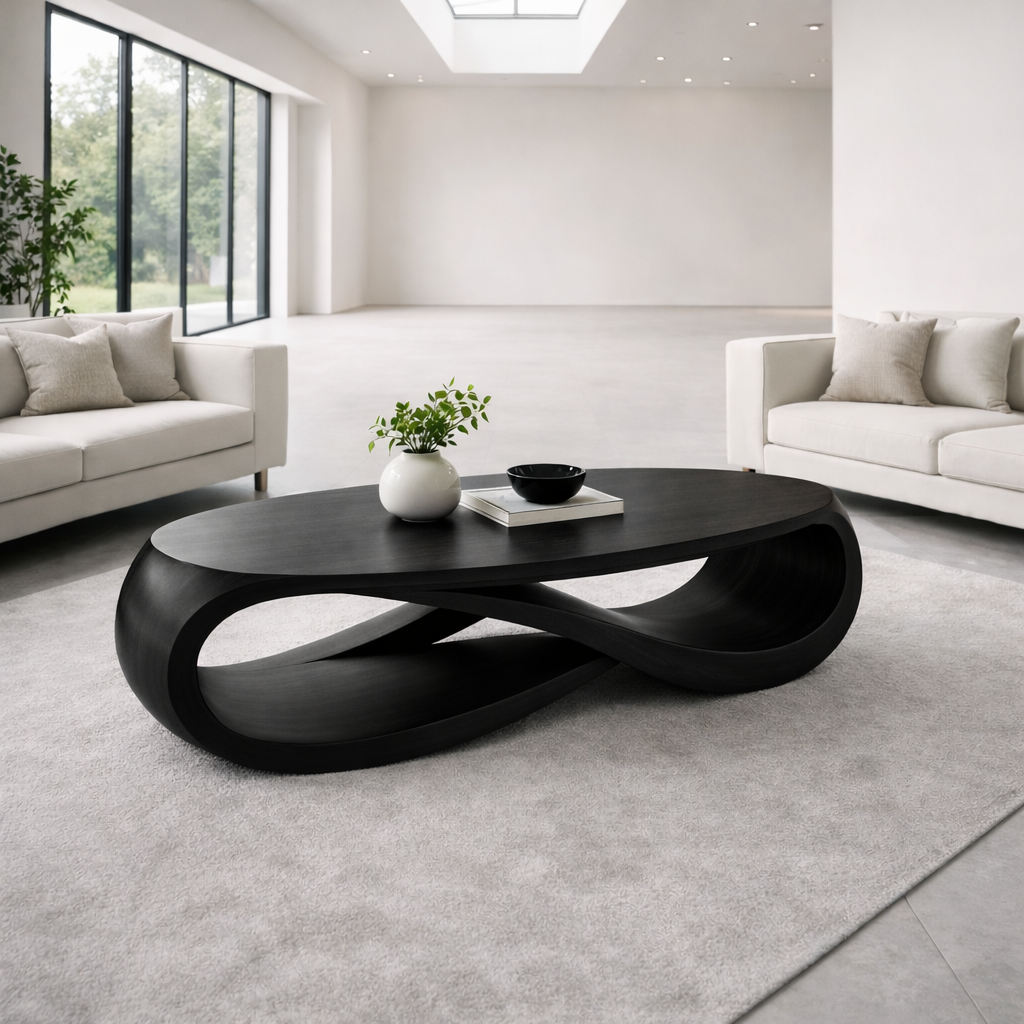 Solid Wood Oval Coffee Table with Sculptural Base – Modern Designer Living Room Table