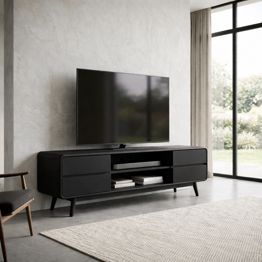 Modern Solid Wood TV Stand with 4 Drawers and Media Shelf – Minimalist Design Media Console
