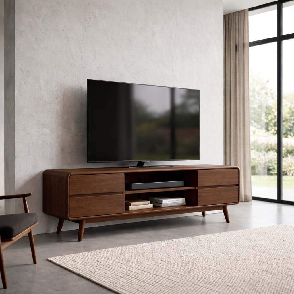 Modern Solid Wood TV Stand with 4 Drawers and Media Shelf – Minimalist Design Media Console