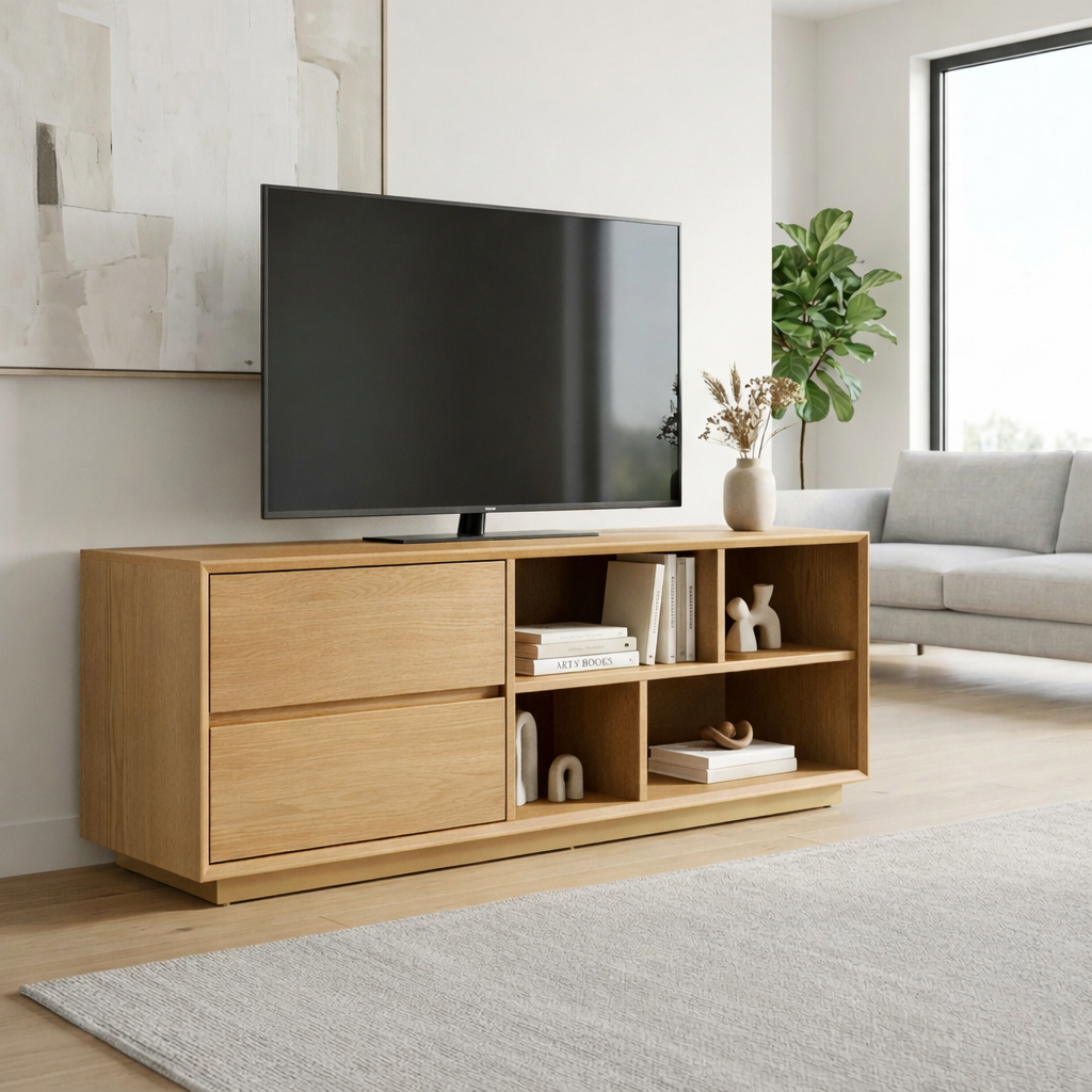 Modern Solid Wood TV Stand with Storage Drawers and Open Shelves – Minimalist Media Console