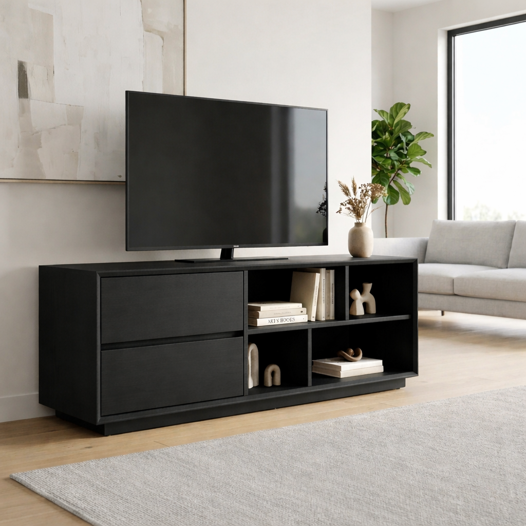 Modern Solid Wood TV Stand with Storage Drawers and Open Shelves – Minimalist Media Console