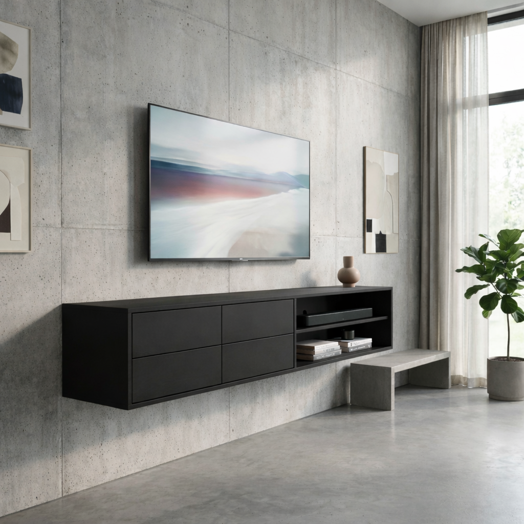Floating Solid Wood TV Stand with Drawers and Open Shelf – Modern Wall Mounted Media Console