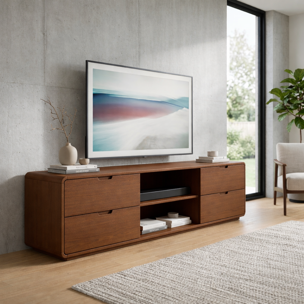 Solid Wood TV Stand with 4 Drawers and Open Media Shelf – Modern Minimalist Console