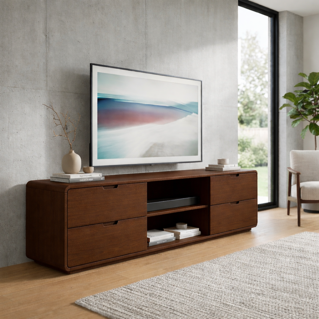 Solid Wood TV Stand with 4 Drawers and Open Media Shelf – Modern Minimalist Console