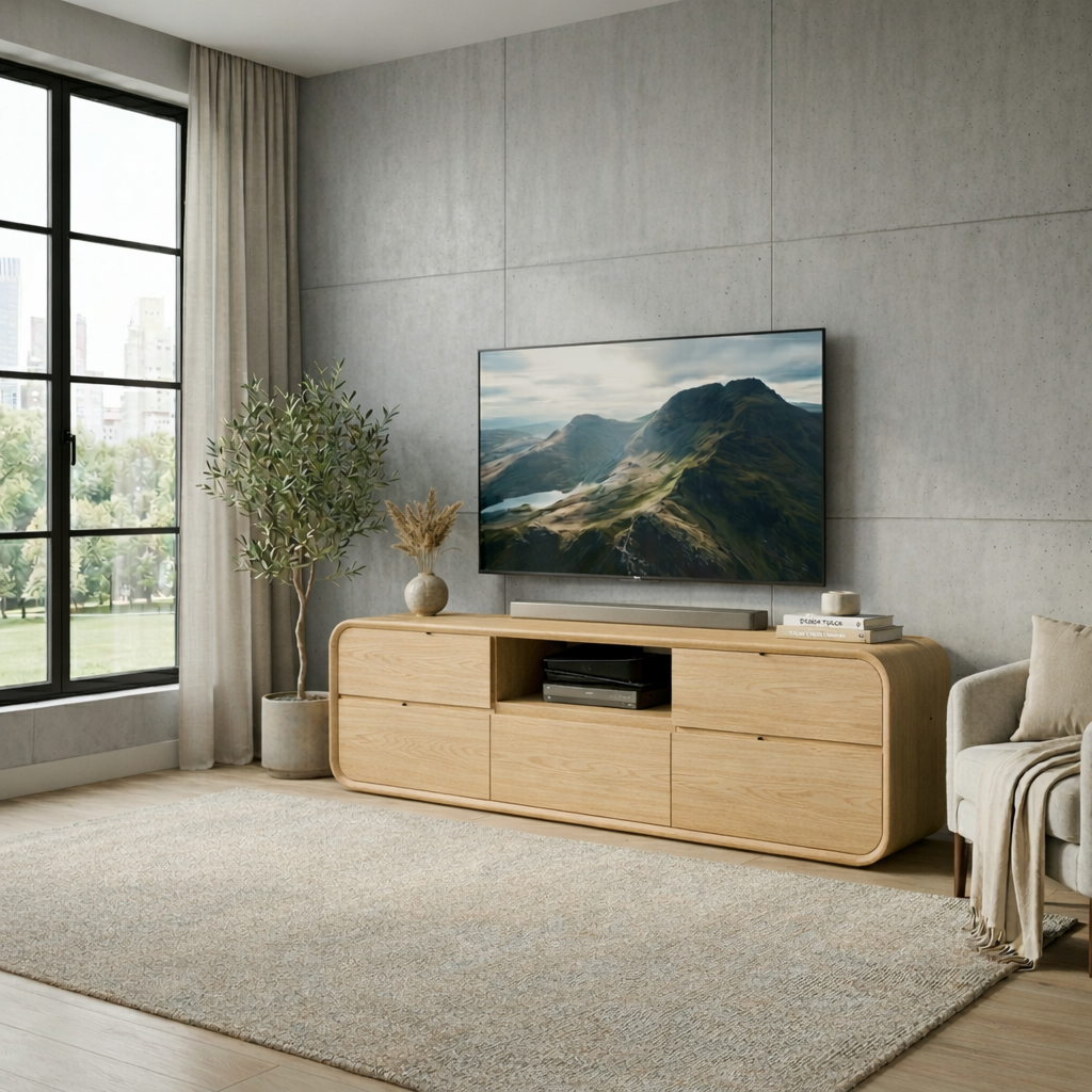 Solid Wood TV Stand with Drawers and Open Shelf – Modern Rounded Media Console