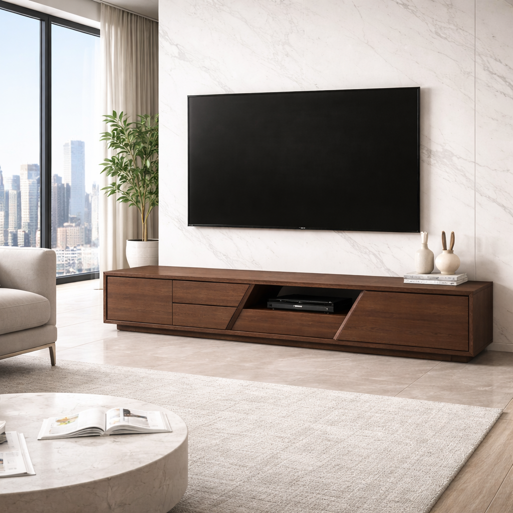 Extra Long Solid Wood TV Stand with Angled Open Shelf – Modern Low Profile Media Console