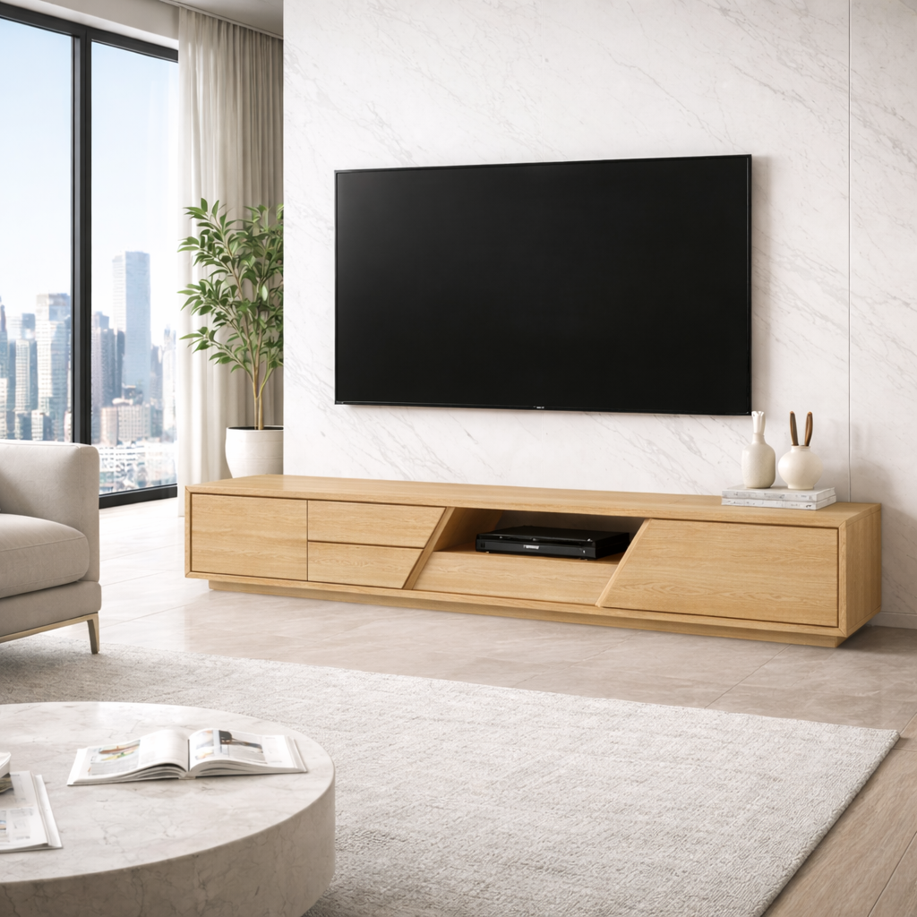 Extra Long Solid Wood TV Stand with Angled Open Shelf – Modern Low Profile Media Console