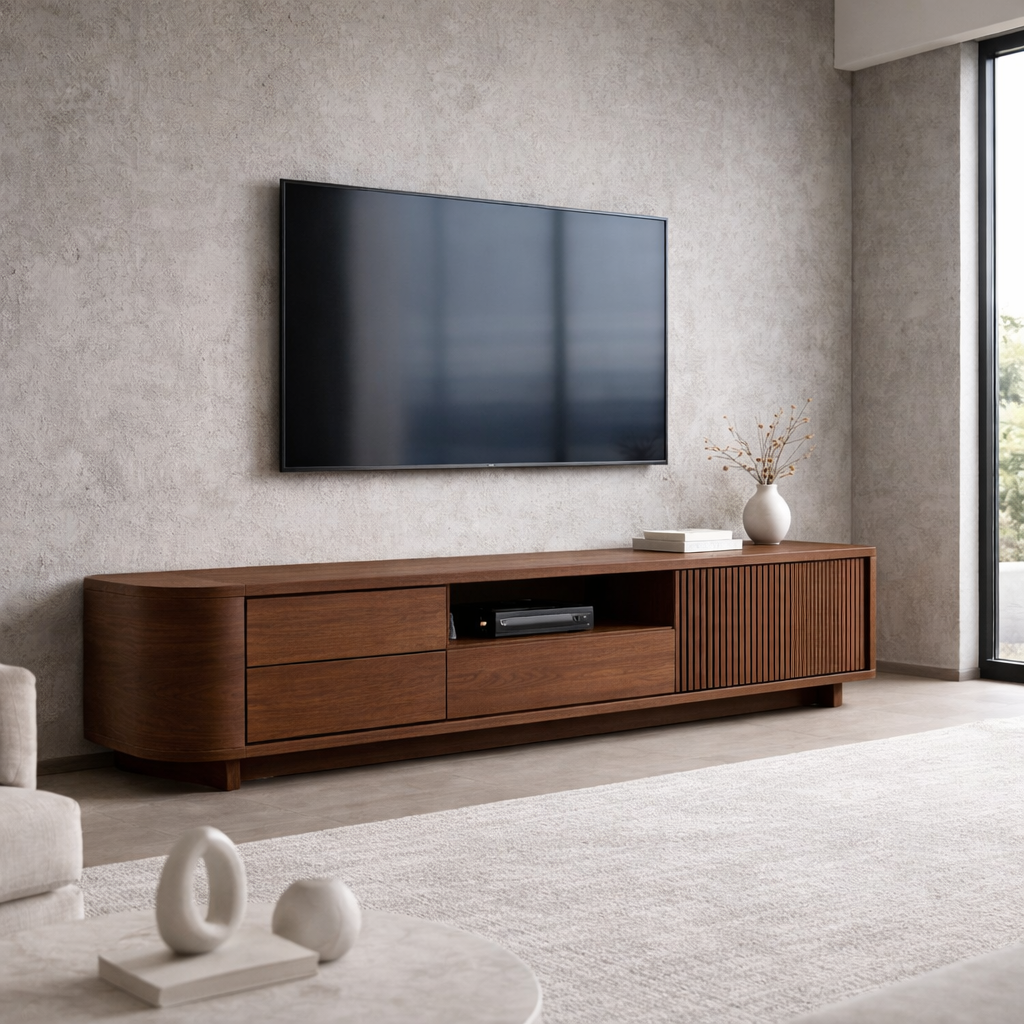 Solid Wood TV Stand with Slatted Door and Drawers – Modern Extra Long Media Console