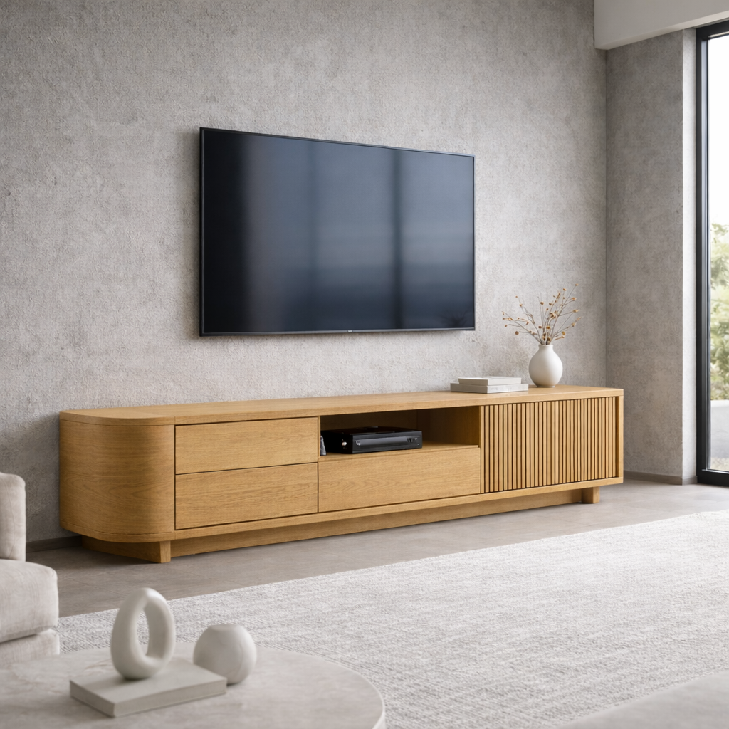 Solid Wood TV Stand with Slatted Door and Drawers – Modern Extra Long Media Console