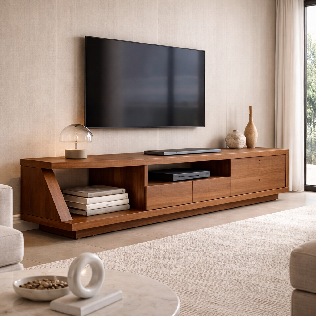 Solid Wood TV Stand with Angled Side Panel and Open Shelf – Modern Long Media Console