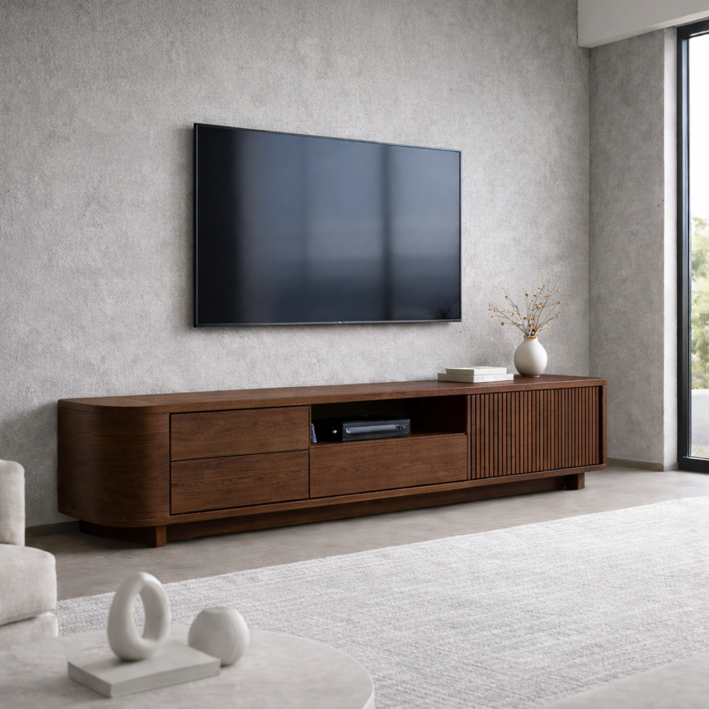 Solid Wood TV Stand with Slatted Door and Drawers – Modern Extra Long Media Console