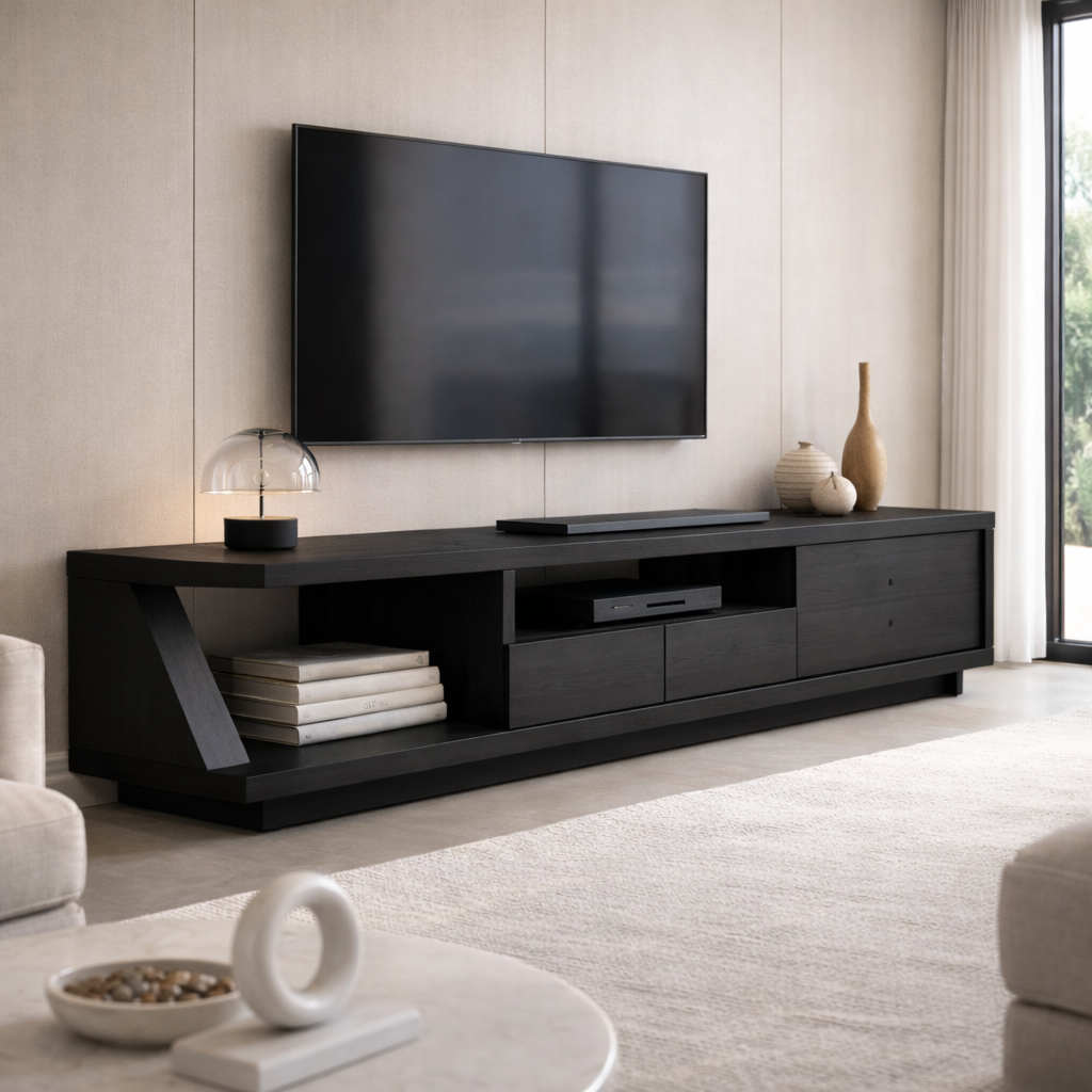 Solid Wood TV Stand with Angled Side Panel and Open Shelf – Modern Long Media Console