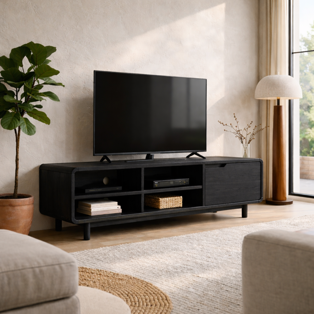 Solid Wood TV Stand with Open Shelves and Sliding Door – Mid-Century Modern Media Console
