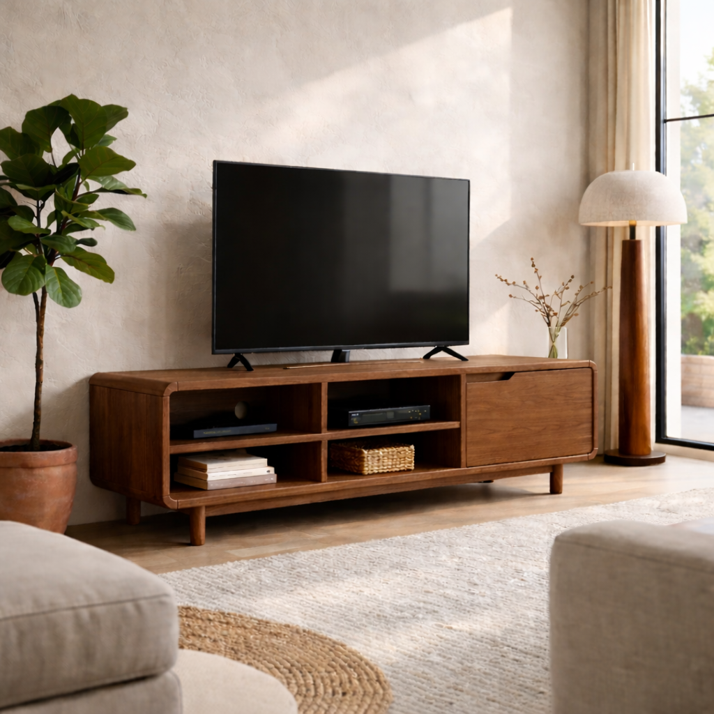 Solid Wood TV Stand with Open Shelves and Sliding Door – Mid-Century Modern Media Console