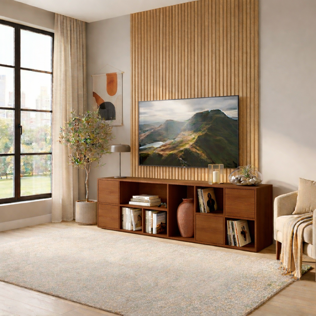 Solid Wood TV Stand with Open Shelves and Drawers – Modern Minimalist Media Console