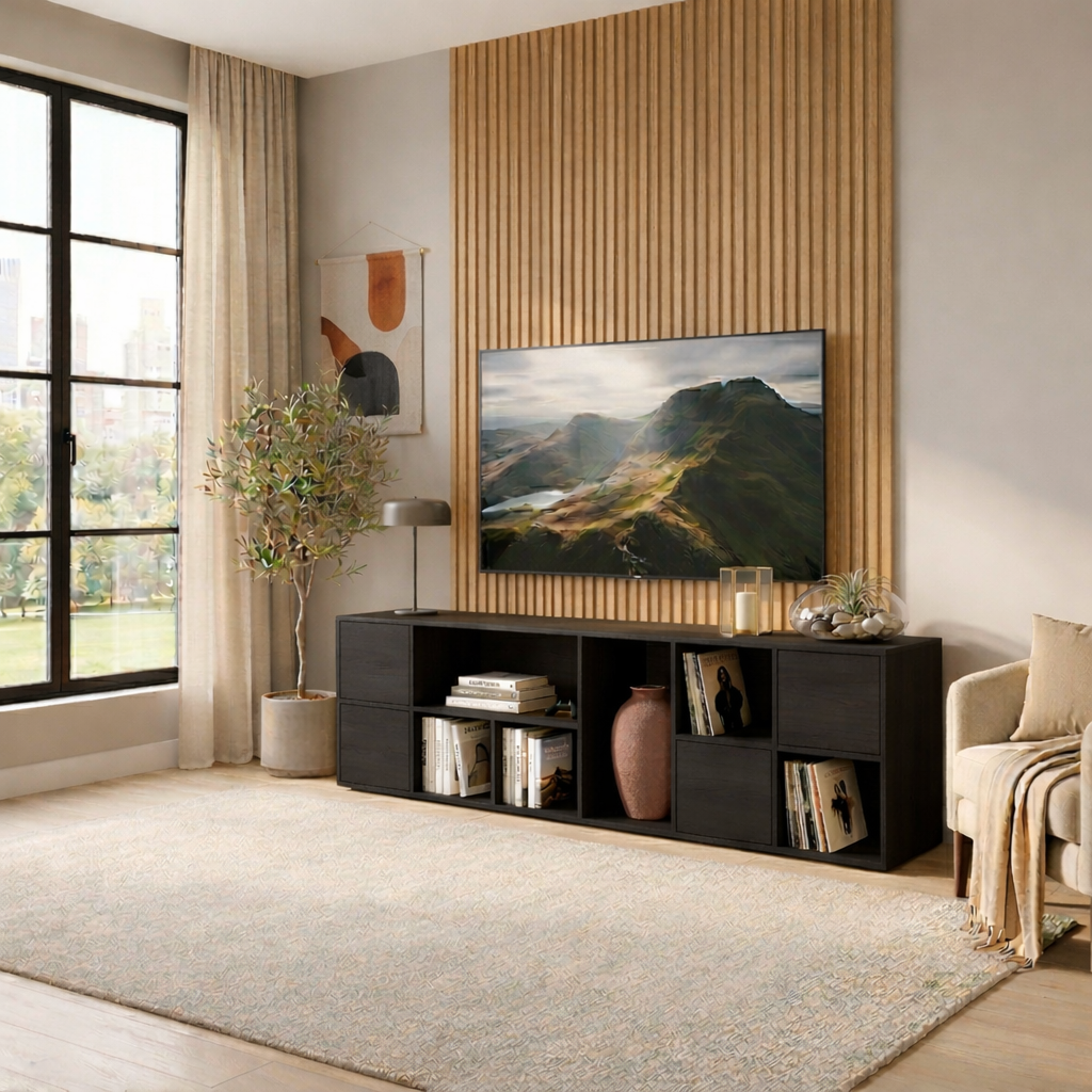 Solid Wood TV Stand with Open Shelves and Drawers – Modern Minimalist Media Console