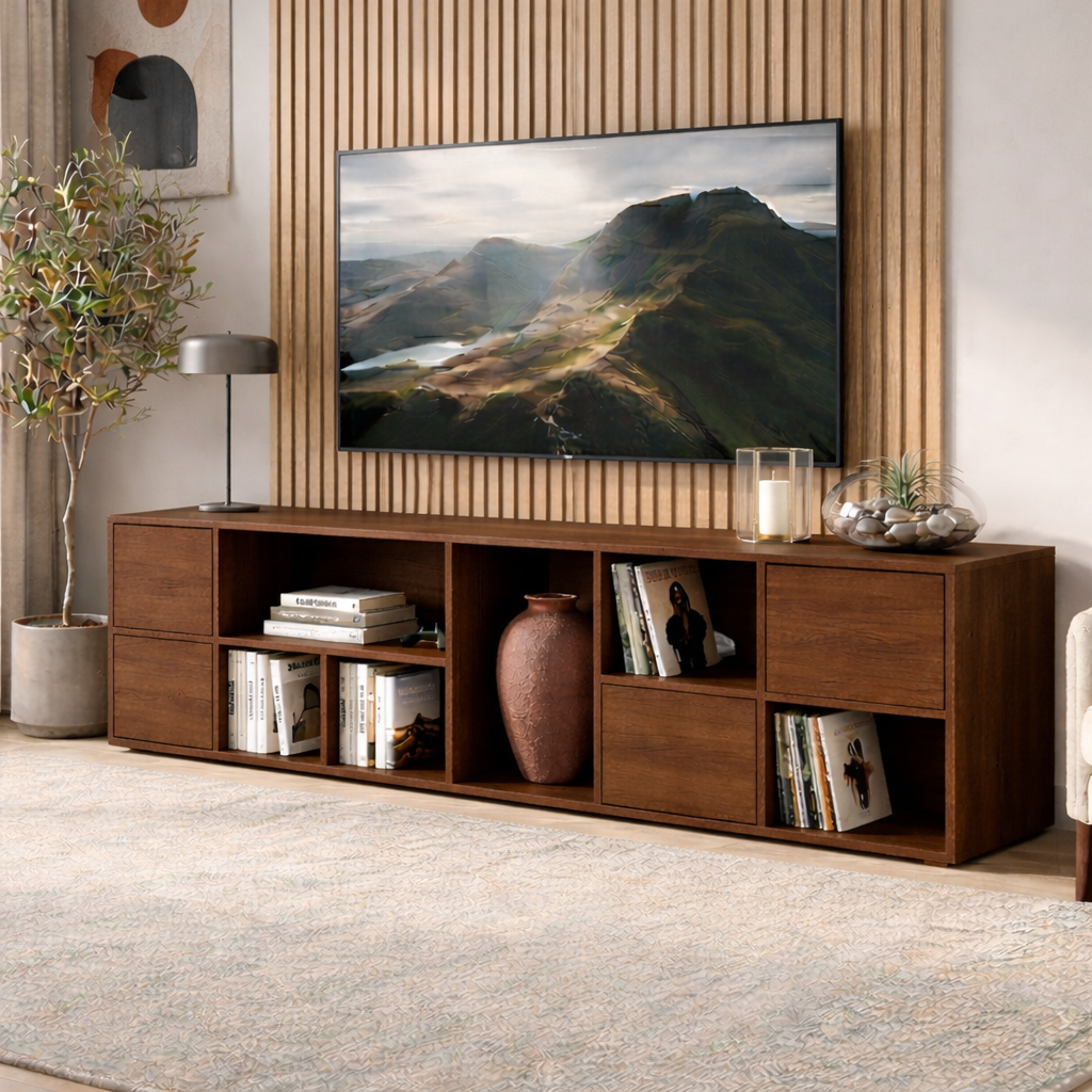 Solid Wood TV Stand with Open Shelves and Drawers – Modern Minimalist Media Console