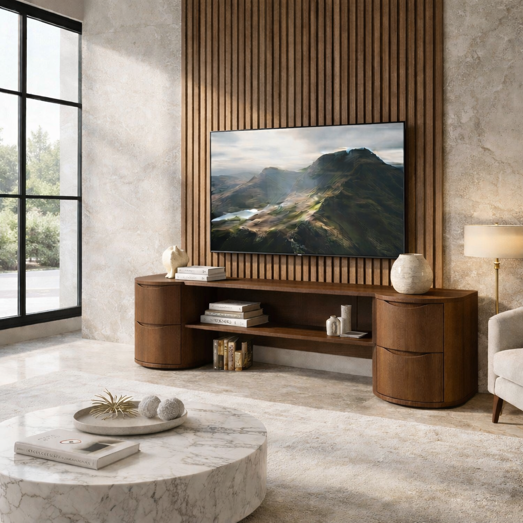 Solid Wood TV Stand with Rounded Drawer Cabinets – Modern Minimalist Media Console