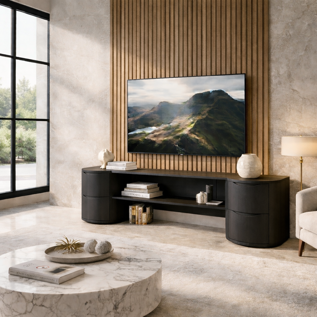 Solid Wood TV Stand with Rounded Drawer Cabinets – Modern Minimalist Media Console