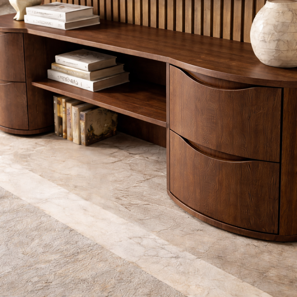 Solid Wood TV Stand with Rounded Drawer Cabinets – Modern Minimalist Media Console