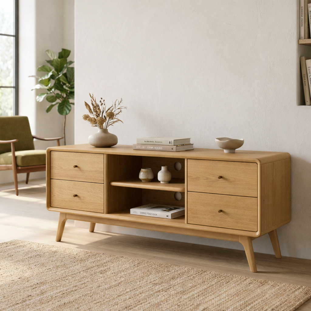 Solid Wood TV Stand with Drawers and Open Shelf – Mid-Century Modern Media Console